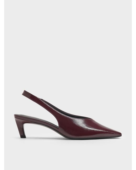Charles & Keith Brown Patent Tapered Square-Toe Slingback Kitten Heels