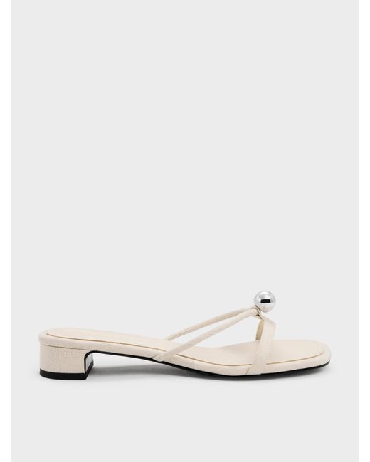 Charles & Keith White Georgie Linen Metal-Ball Heeled Mules