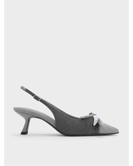 Charles & Keith Gray Striped Knot-Bow Pointed Slingback Pumps