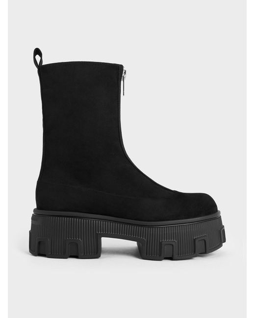 Charles & Keith Black Faux Suede Zip-Up Platform Calf Boots