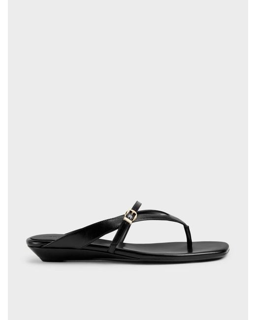 Charles & Keith Black Buckled Thong Wedges