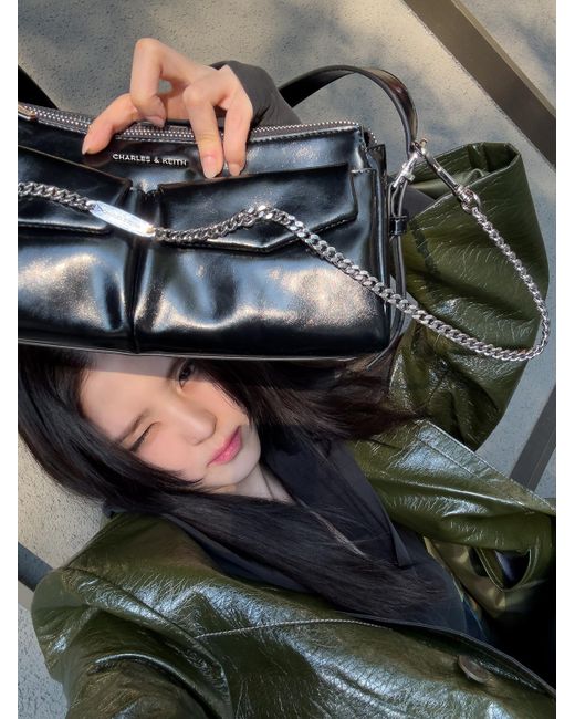 Charles & Keith Black Rachel Elongated Front-Pocket Chain-Handle Bag