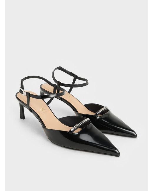 Charles & Keith White Leather Kitten-Heel Ankle-Strap Pointed-Toe Pumps