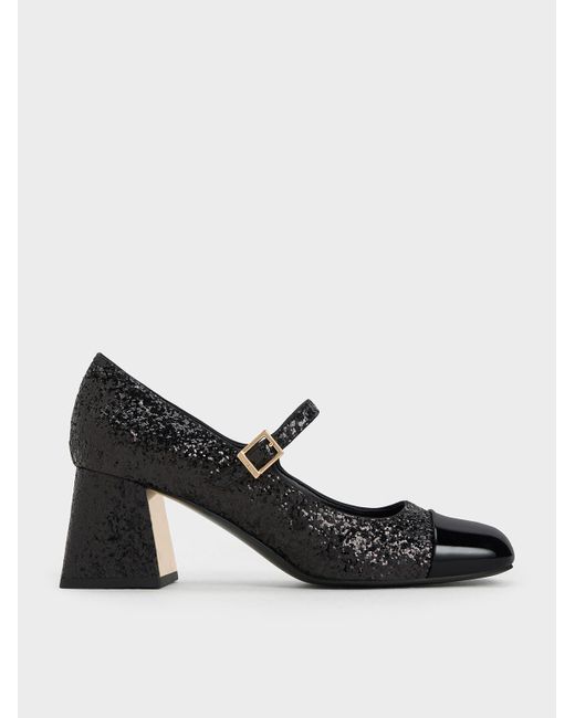 Charles & Keith Black Patent Glittered Trapeze-heel Mary Janes