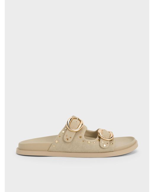 Charles & Keith White Studded Buckled Double-strap Slides