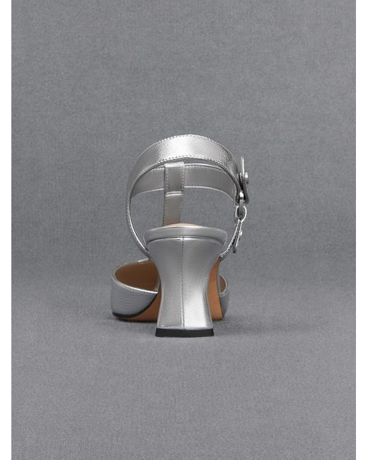 Charles & Keith Gray Leather Metallic Buckled T-bar Pumps