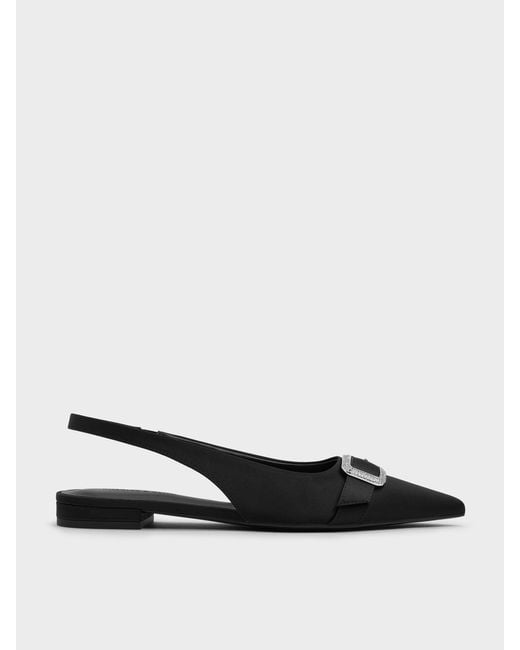 Charles & Keith White Satin Crystal-Buckle Slingback Flats