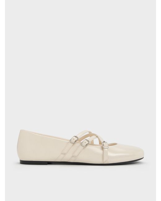 Charles & Keith White Triple-Strap Mary Jane Flats