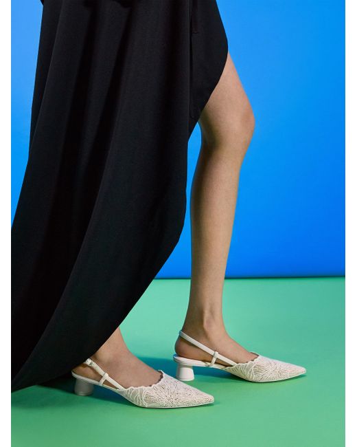Charles & Keith Natural Crochet Floral Pointed-Toe Slingback Pumps