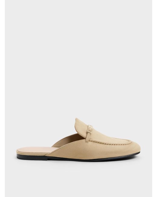 Charles & Keith White Faux Suede Metallic-Bar Loafer Mules