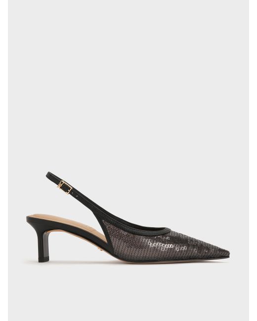 Charles & Keith Multicolor Sequin Mesh & Leather Slingback Kitten Heels
