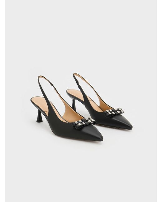 Charles & Keith Black Bow Crystal-embellished Leather Slingback Pumps