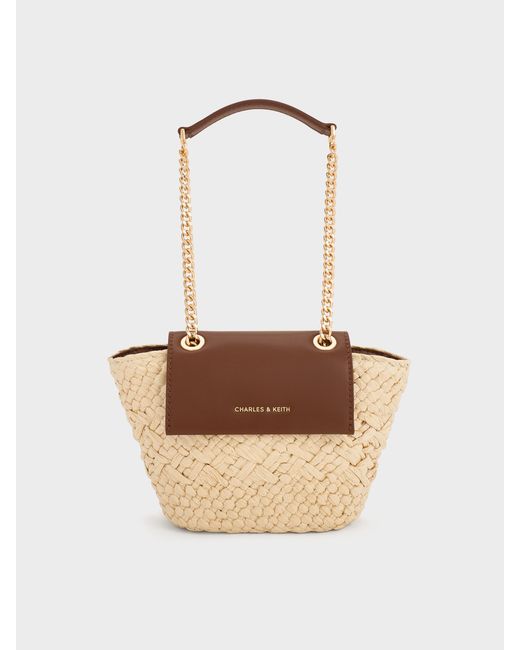 Charles & Keith White Shalia Raffia Chain-Strap Crossbody Bag