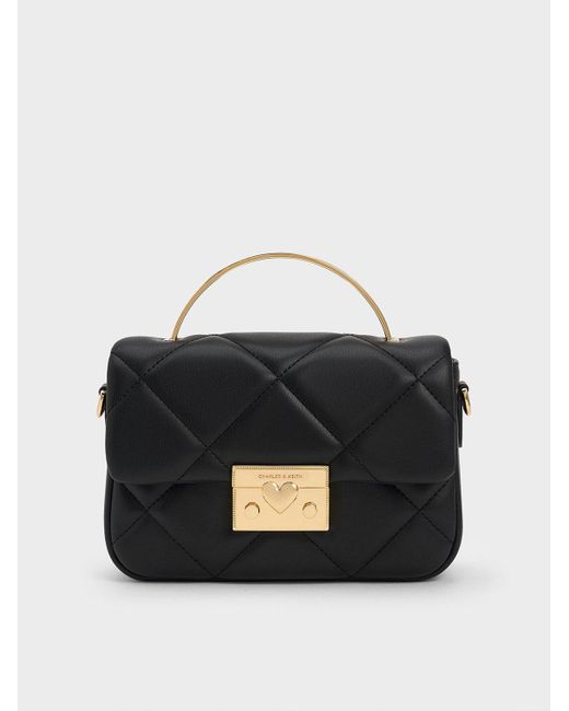 Charles & Keith Black Quilted Boxy Top Handle Bag