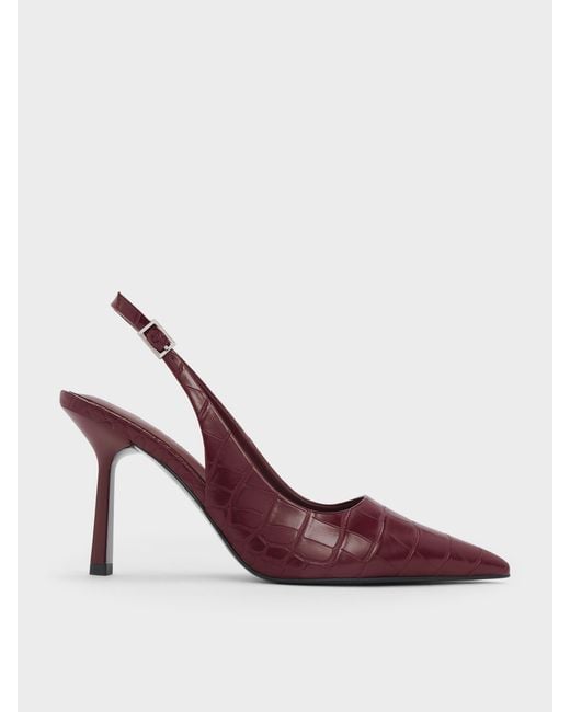 Charles & Keith Pink Croc-Effect Pointed Slingback Pumps
