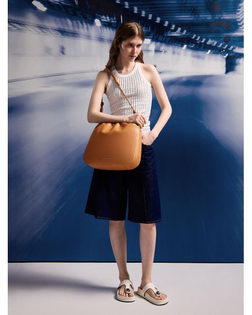 Charles & Keith White Lorelai Ruched Knotted-Strap Hobo Bag