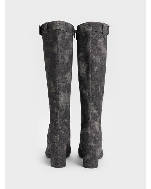 Charles & Keith Black Denim Block-Heel Knee-High Biker Boots