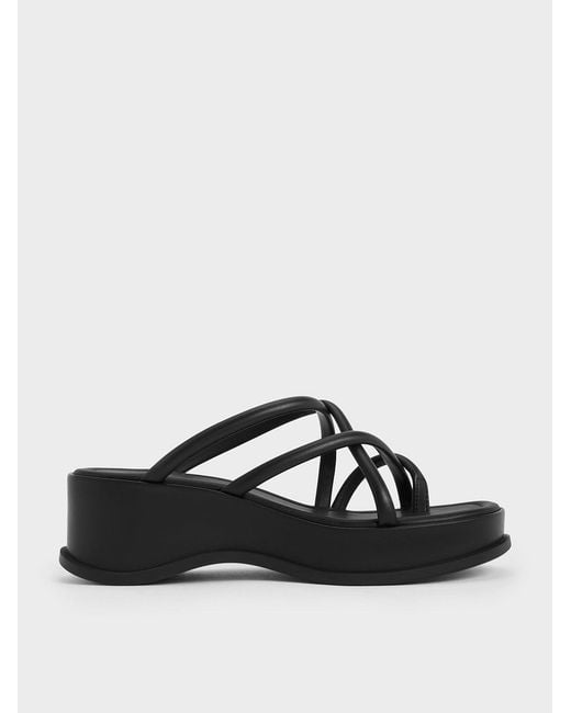 Charles & Keith Black Strappy Tubular Wedge Sandals