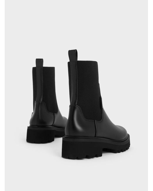 Charles & Keith Black Knitted Sock Ridge-sole Chelsea Boots