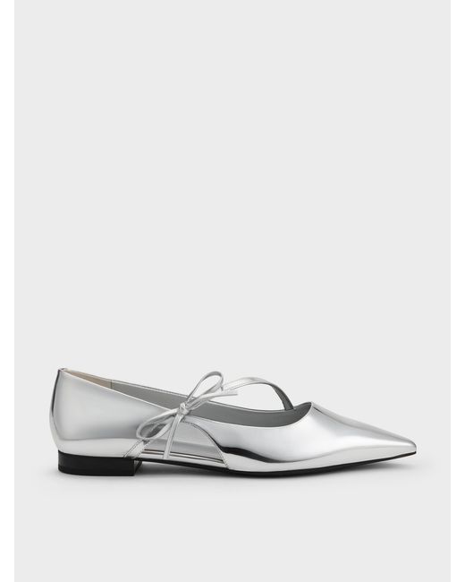 Charles & Keith White Metallic Pointed-toe Bow-strap Flats