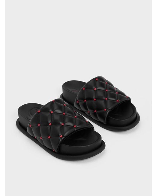 Charles & Keith Black Dahlia Padded Quilted Heart-print Sandals