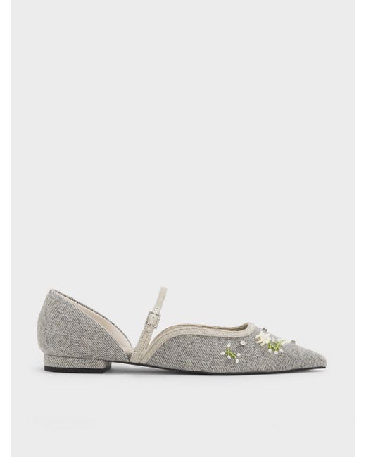 Charles & Keith White Twill Bead-Flower Pointed-Toe D'Orsay Mary Jane Flats