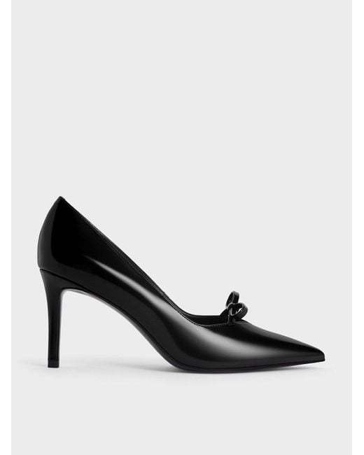 Charles Keith Women's Black Bow Pointed-Toe Stiletto-Heel Pumps