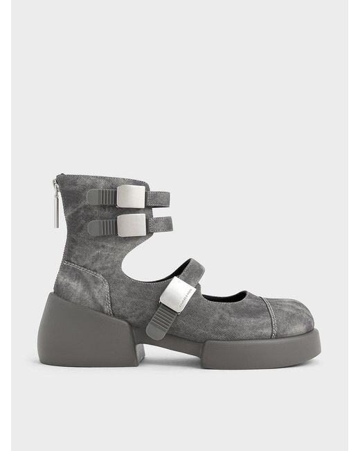 Charles & Keith Gray Robbie Denim-effect Ankle-strap Mary Jane Boots
