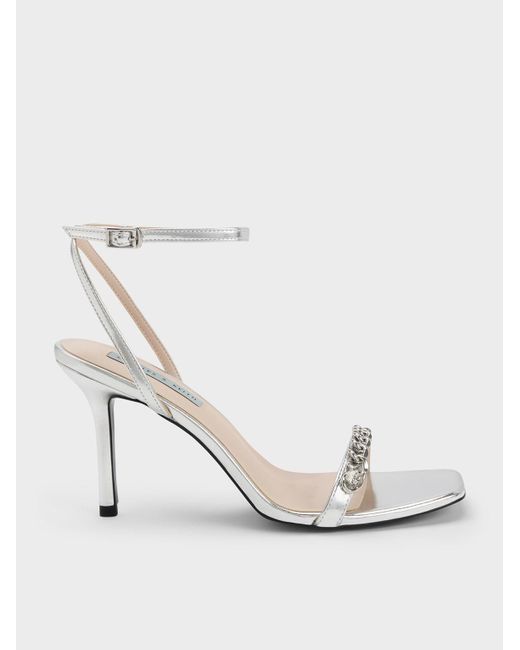 Charles & Keith Chain-embellished Metallic Ankle Strap Sandals in White ...