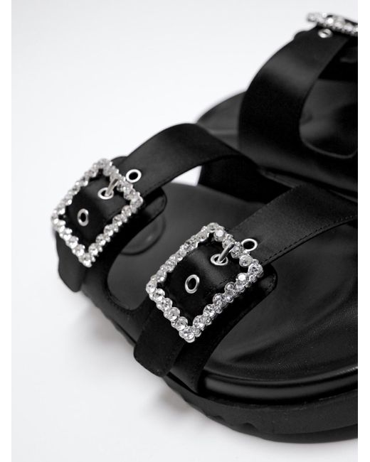 Charles & Keith Black Recycled Polyester Gem-Buckle Double-Strap Sandals