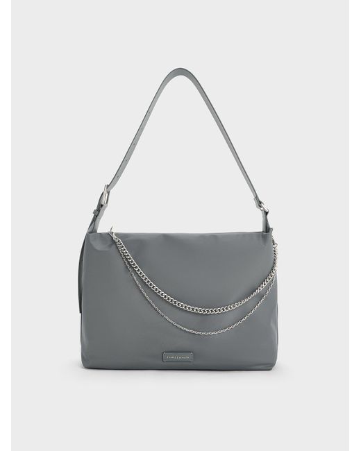 Charles & Keith Gray Nylon Chain-Link Slouchy Shoulder Bag