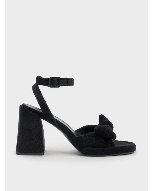 Charles & Keith Black Loey Textured Bow Ankle-strap Sandals