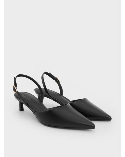 Charles & Keith White Pointed-toe Slingback Kitten Heels