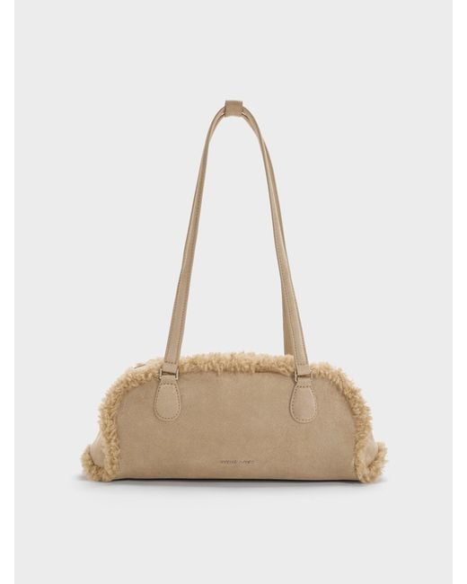 Charles & Keith Natural Nelly Faux Shearling Elongated Shoulder Bag