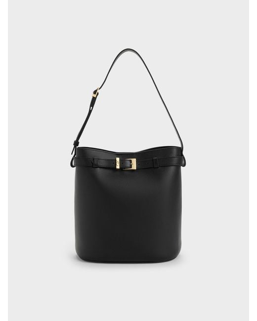 Charles & Keith Black Jody Leather Belted Bucket Bag