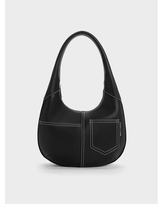Charles & Keith Black Anthea Contrast-trim Curved Hobo Bag