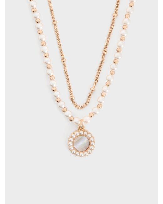 Charles & Keith White Pearl & Gemstone Double-Chain Necklace