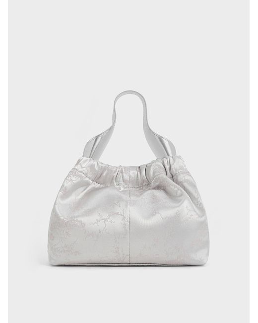 Charles & Keith White Ally Satin Floral-print Ruched Bag
