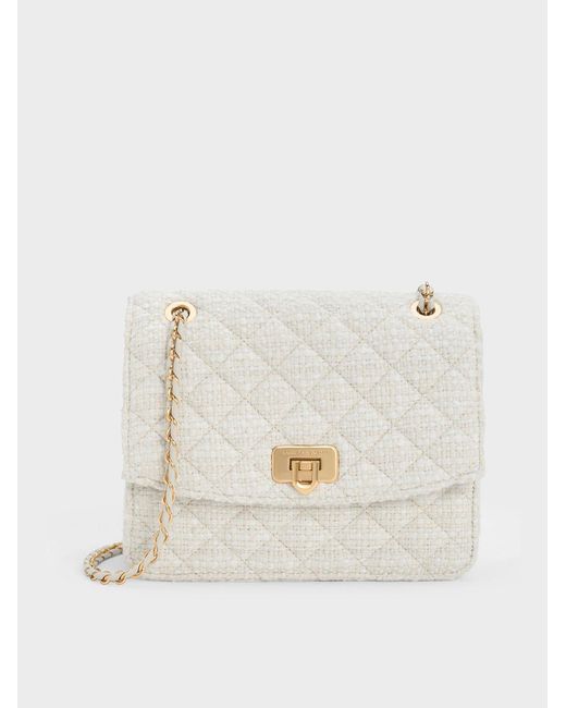 Charles & Keith Natural Cressida Tweed Chain Strap Bag