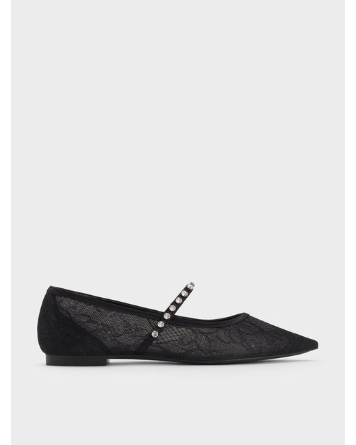 Charles & Keith White Lace & Satin Crystal Mary Jane Flats