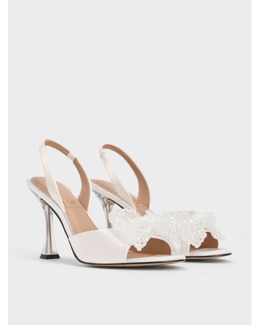 Charles & Keith White Recycled Polyester Beaded Bow Slingback Pumps