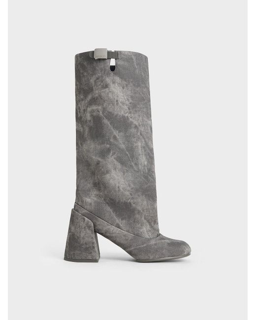 Charles & Keith Gray Robbie Denim-effect Platform Knee-high Boots