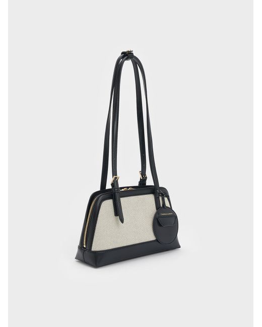Charles & Keith White Enola Canvas Two-Tone Elongated-Handle Bag