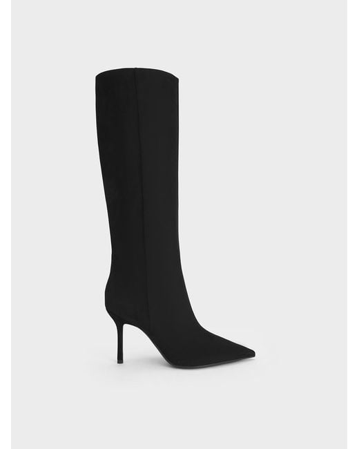 Charles & Keith Black Faux Suede Pointed Stiletto Knee-high Boots