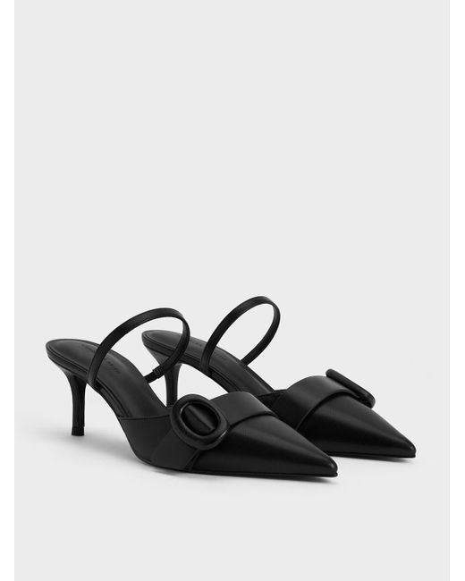 Charles & Keith Black Oval-buckle Pointed-toe Mules