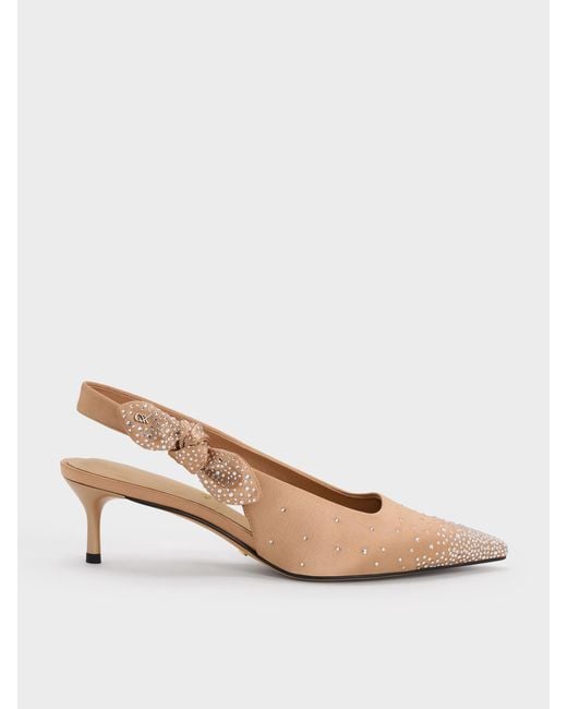 Charles & Keith Natural Jayce Crystal Slingback Kitten Heels
