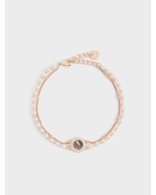Charles & Keith White Pearl & Gemstone Double-Chain Bracelet