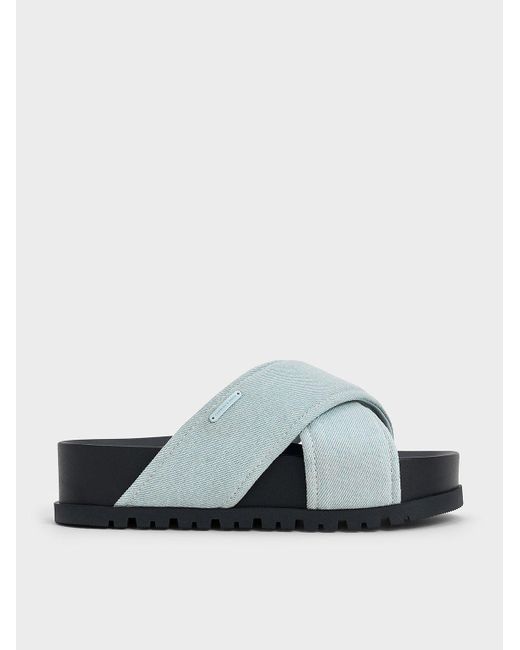Charles & Keith Blue Denim Crossover-Strap Flatform Sandals