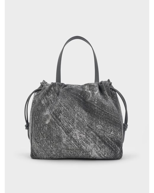 Charles & Keith Gray Mini Bethel Metallic Denim Tote Bag