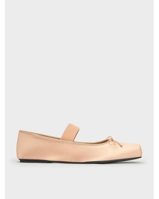 Charles & Keith Natural Satin Square-Toe Mary Jane Ballet Flats